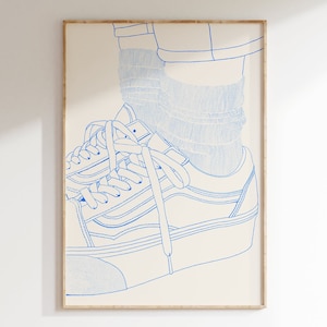 Cream and Blue Sneaker Print, Fashion Illustration, Sneakers Poster, Shoe Print, Wall Art, Sneaker Decor, Trainers Art Poster, UNFRAMED