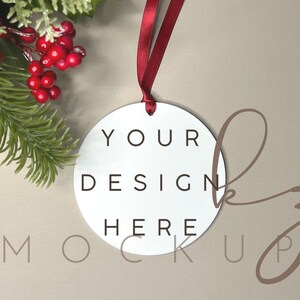 Christmas Ornament Mockup Round white acrylic disc tree decoration JPG Digital Download