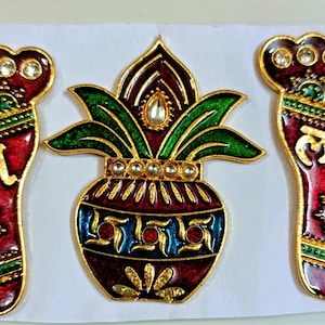 3 Pieces Meenakari Kundan Hindu Sathiyo Kalash Symbol for Front Door Rangoli for Diwali Décor Gifts Navratri Puja Decor Indian Wedding Decor
