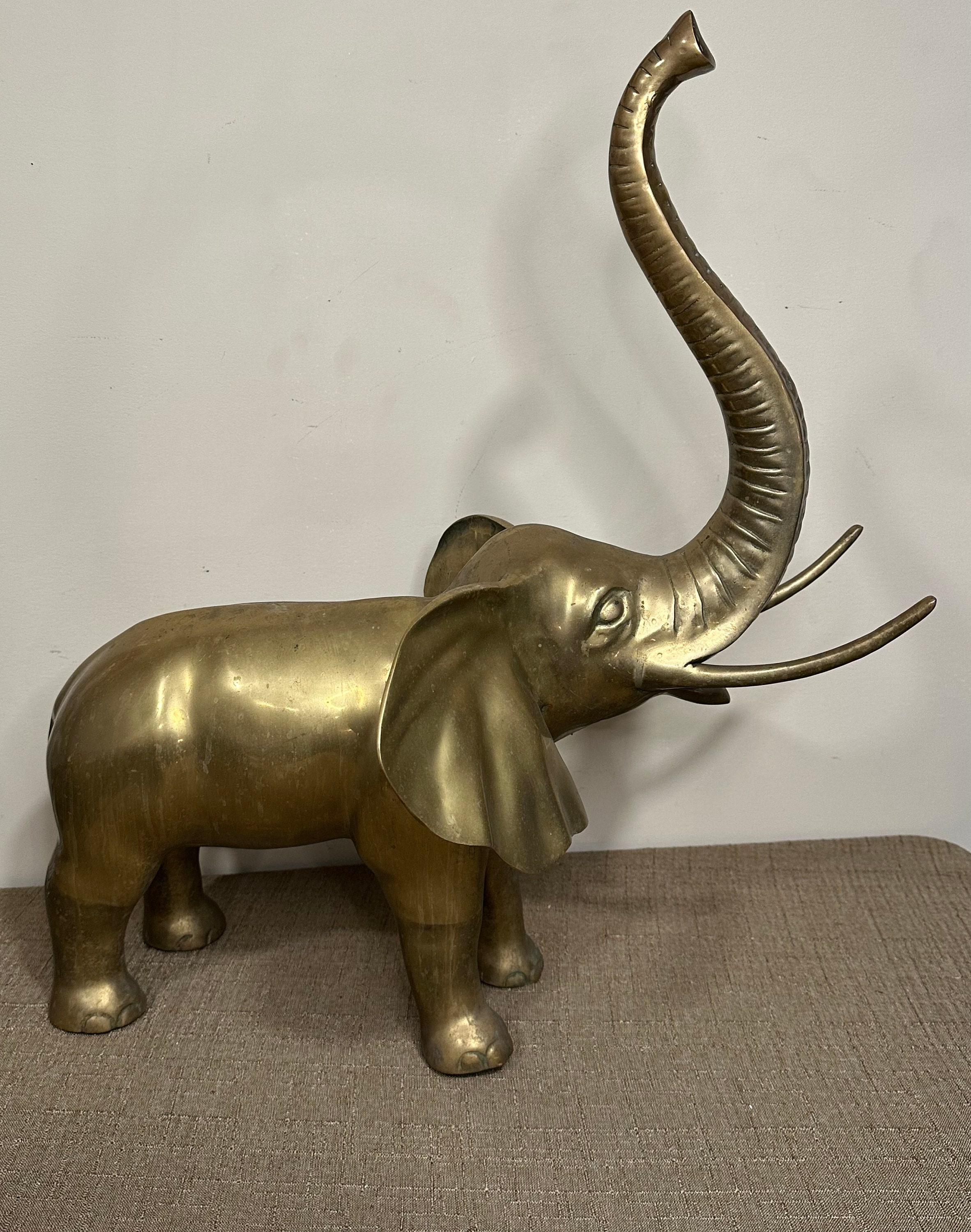 Vintage Brass Elephant Statue Large African Elephant trunks Up Good