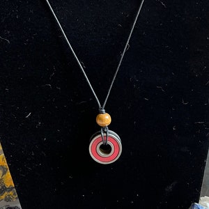 Recycled Skate Bearing Pendant with Wooden Bead on Black Cotton Cord