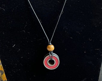 Recycled Skate Bearing Pendant with Wooden Bead on Black Cotton Cord
