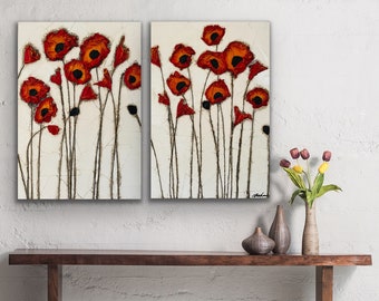 Mixed Media Acrylic Wall Art- Red Poppies (Diptych) 32" x 46"- Modern Art Wall Hanging