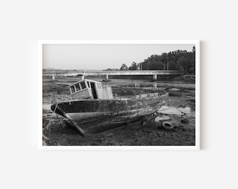 Moody Black and White Boat Photo: Coastal Decor Art Print (Digital Download)