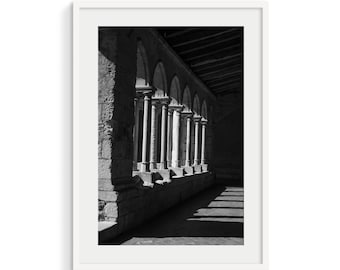 Stone Archway Photography: Black and White Monastery Cloister Wall Art (Digital Download)