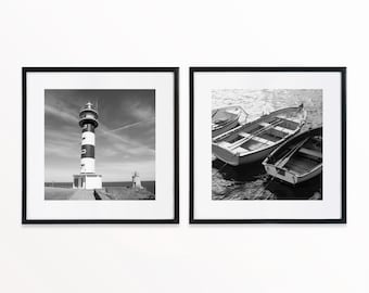 Set of 2 Black and White Square Coastal Art, Beach Prints, Nautical Decor