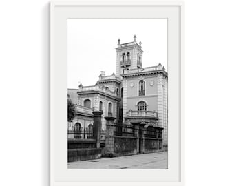 Black and White Ornate Mansion Photo, Architectural Historic Print, Digital Download for Wall Decor