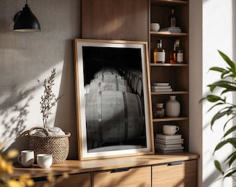 Winery Barrels Photo: Black and White Wine Cellar Print (Digital Download)