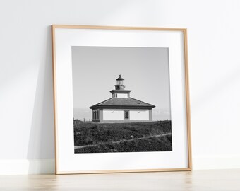 Black and White Lighthouse Photo: Minimalist Coastal Square Art Print (Digital Download)