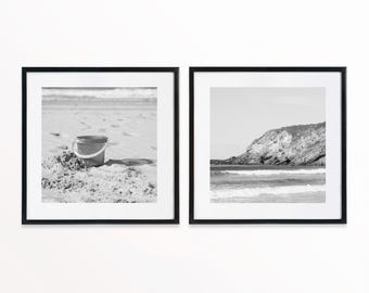 Set of 2 Black and White Beach Prints, Minimal Coastal Decor, Ocean Wall Art