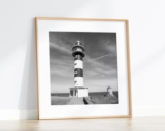 Black and White Lighthouse Print, Minimalist Coastal Wall Art, Nautical Seascape Photography, Monochrome Decor