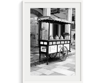 Black and White Street Photo: Vintage Spanish Ice Cream Cart Wall Art (Digital Download)