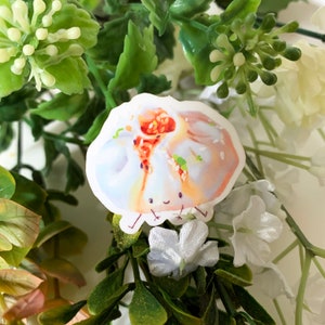 Könnte beinhalten: Ein Aufkleber mit einem Cartoon-Knödel mit einem lächelnden Gesicht, Sesamkörnern und roter Sauce. Der Knödel ist weiß und hellbraun, mit kleinen Beinen. Umgeben von grünen und weißen floralen Akzenten.