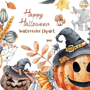 Spooky Halloween Clipart Bundle| Watercolor Clipart| Halloween PNG| Halloween Digital Art| Halloween Seamless Patterns | Ghost| Pumpkins