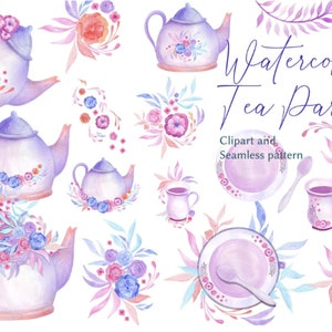 Tea Party Clipart, Watercolor Tea Party Clipart, Tea Party Invitations, Tea time, Tea Pot Clipart, Cake Shower Clipart, Tea Set