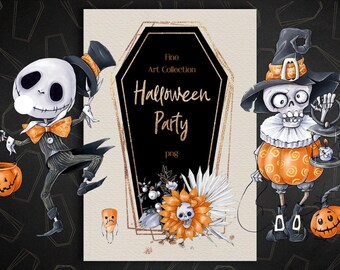 Halloween Party Watercolor Clipart| Halloween Digital Art| PNG Files| Frames| Pumpkins| Autumn Clipart | Seamless Patterns