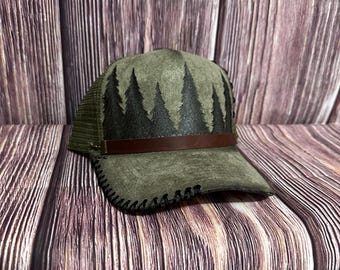 Trucker Hat, Blue, Pink or Green: Freehand Burned Tree Design, Leather Band
