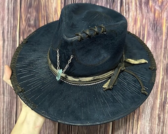 Dark Blue Flat Brim Hat: Freehand Burned Gem Design, Size Medium