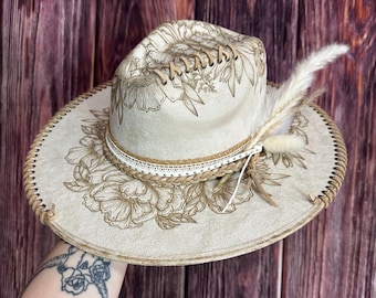 Ivory Rancher Flat brim Style Hat | Size Small | Freehand Burned Mixed Floral design | Rustic Hat