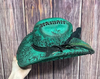 Emerald Green Suede Cowgirl Hat: Size Md, Freehand Burned Wildflower Design.