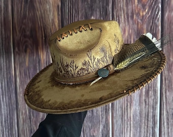 Tan Flat brim Hat: Size Small, Freehand Burned Wildflower Design.