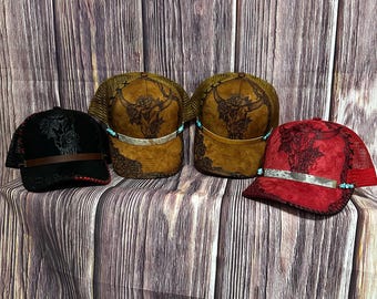 Faux Suede Trucker Hat, Freehand Floral Bull Skull, Western Design