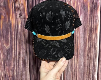 Black Suede Trucker Hat: Hand-Burned Howdy Design, Leather Band