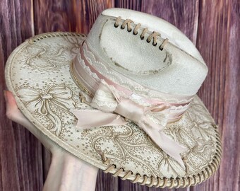 Ivory Teardrop Hat: Size Small Flat Brim, Freehand Burned Bow design