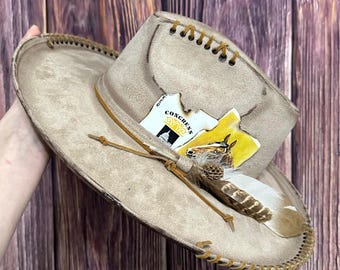 Hand Burned Pencil Brim Hat: Rustic Playing Card Design (Size Large)