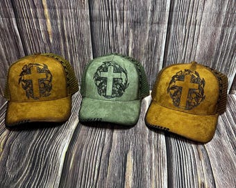 Floral Cross Trucker Hat: Camel Tan or Forrest Green Suede, Freehand Burned Design