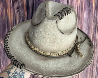 Toupe Short Brim Fedora: Hand Burned Boho Hat (Medium)