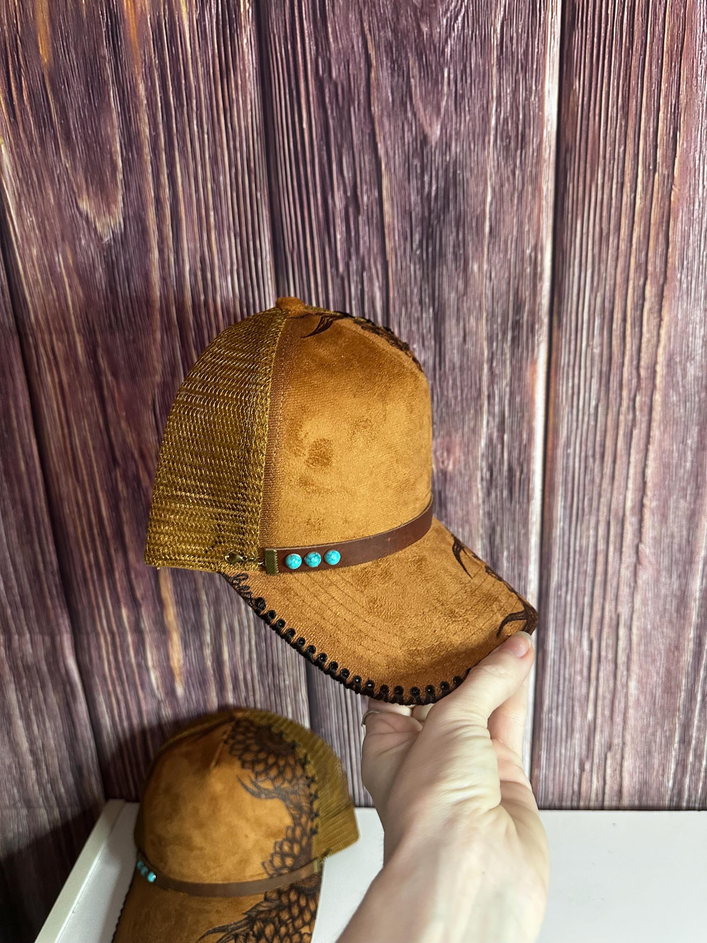 Custom Handmade Sunflower Burned Vegan Suede Snapback Trucker Cap ? Suede Trucker Hat: Freehand Burned Sunflower Design, Leather  main image 4