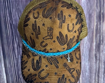 Suede Trucker Hat: Freehand Burned Western Design, Turquoise Band