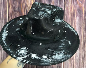 Black Flat Brim Rancher Hat XL: Freehand Scorpion, Splatter Paint