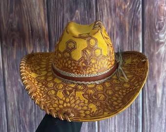 Burnt Yellow Cowgirl Hat: Size Kid Large (Women Small),  Freehand Burned Sunflower, Honeycomb, Bee design