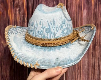 Light Blue Cowgirl Hat: Size Kid Large. Freehand Burned Wildflower design