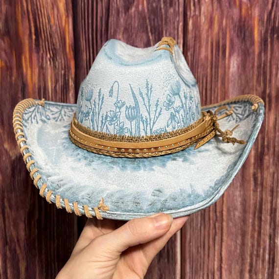 Light Blue Cowgirl Hat: Size Kid Large. Freehand Burned  display picture 1