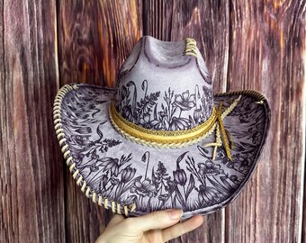 Light Purple Suede Cowgirl Hat: Size Md, Freehand Burned Wildflower Design.