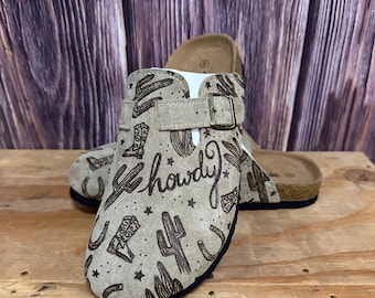 Tan Clogs / Women / Custom / Freehand Burned Howdy Design / For her