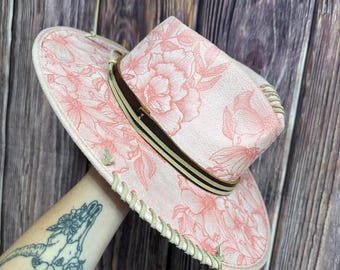 Light Pink Floral Burned Teardrop Hat - Medium, Leather Hatband