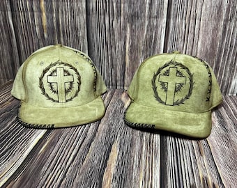 Men’s Cross Flatbrim/Ballcap: Tan, Snap Back Hats, Freehand Burned Christian/Cross w/Crown of Thorns Design.
