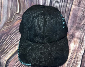 Black Suede Floral ballcap with turquoise rustic stitching | Women's Gift | metal closure | Women Hat
