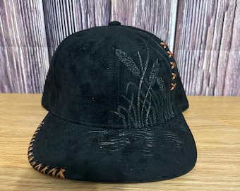 Black Faux Suede Snapback Hat: Freehand Burned River Reed Design