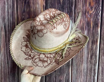 Blush Pink Cowgirl Style Hat | Size Medium | Gift for her | Freehand Burned Mixed Floral design | Rustic Hat