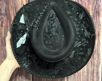 Black Billy Cowgirl Hat: Hand-Burned Rodeo Design, Leather Accents (Size Large)
