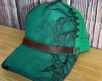 Green Suede Trucker Hat: Freehand Floral Design, Leather Band