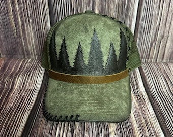 Trucker Hat, Blue or Green: Freehand Burned Tree Design, Leather Band