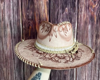 Blush Pink Teardrop Flat brim Style Hat | Size Medium | Gift for her | Freehand Burned Mixed Floral design | Rustic Hat