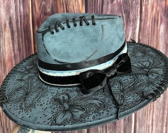 Blue Teardrop Hat: Size Medium Flat Brim, Freehand Burned Bow design