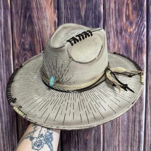 Toupe Wide brim Fedora hat | Size Small | gift for her | Gem-Burst Rustic burned hat | Gift for him | Boho Flat brim